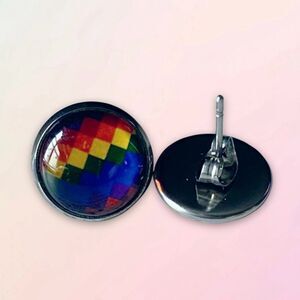 12MM, Rainbow, Checkerboard Earrings, Unisex